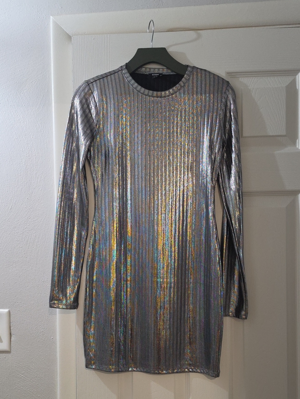 Express Silver Metallic Long-Sleeve Ribbed Mini Dress